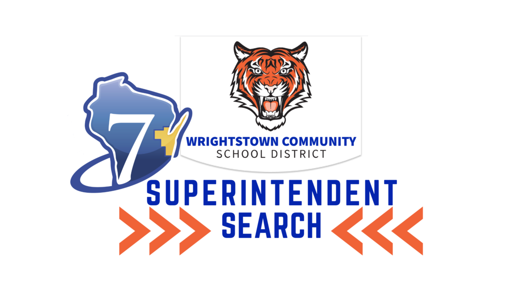 Wrightstown Community School District title below an orange and black tiger logo. Blue and gold CESA 7 logo next to Superintendent Search text